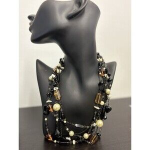 Lia Sophia Multi Strand White Black Brown Glass Bead Necklace Adjustable 18"